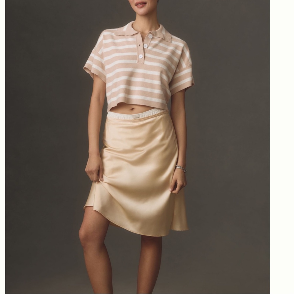 Anthropologie Collared Short Sleeve Sweater Tee Striped Tan White Medium NEW - Picture 2 of 12